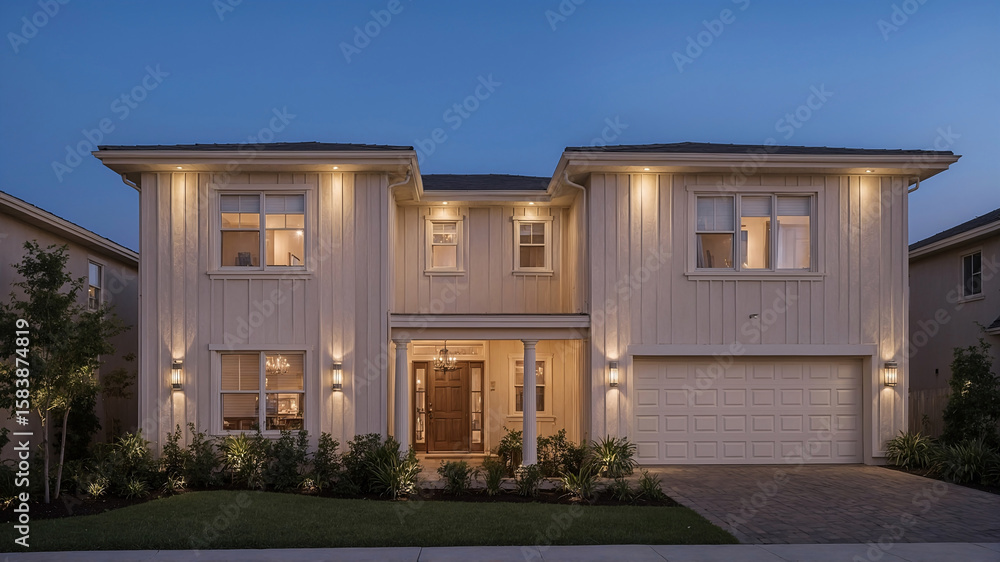 Modern two-story house exterior lit up at dusk showing curb appeal and architectural design Modern two-story house exterior lit up at dusk showing curb appeal and architectural design
