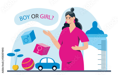 Pregnant woman with gender reveal blocks. Vector illustration