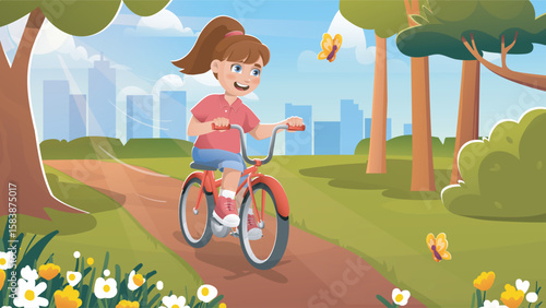 Girl riding bike in park trail scene. Vector illustration