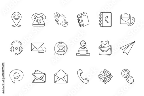 Line icons contact methods including phone email location customer service symbols