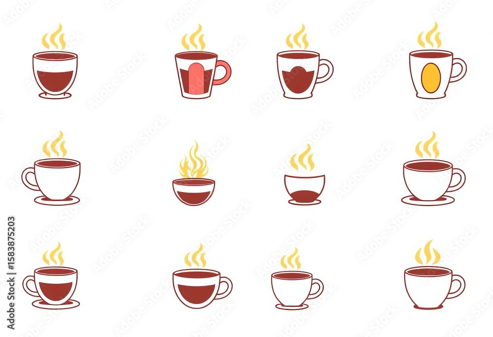 Fototapeta premium Set of hot coffee cup line icons, various styles, vector illustration, outline, steam