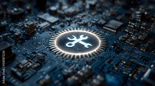 Wallpaper Mural Glowing wrench icon on a complex blue circuit board Torontodigital.ca