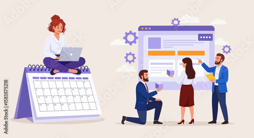 Teamwork and project management concept, developers building an interface while a woman plans on a calendar.