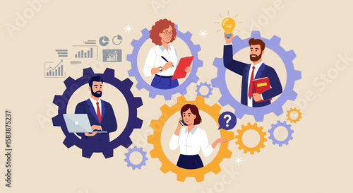 Vector illustration of a professional team working together within gears, symbolizing a blended business mechanism and corporate synergy.