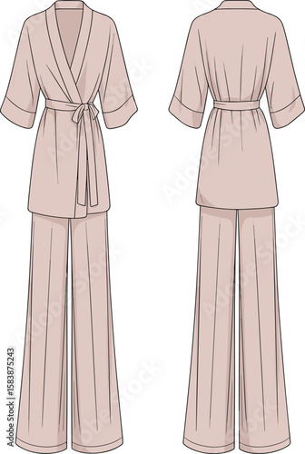 Elegant beige loungewear, wide-leg pants, wrap top, casual outfit, comfortable fashion, indoor wear, relaxing apparel, cozy style, home clot