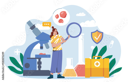 Female scientist analyzing cells illustration. Vector illustration