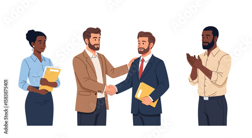 Diverse business team celebrates a successful partnership with a handshake. Colleagues congratulating a new agreement, blending talents for growth.