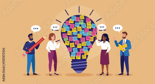 Creative business team whisking up innovative ideas during a collaborative brainstorming session with a lightbulb full of sticky notes.