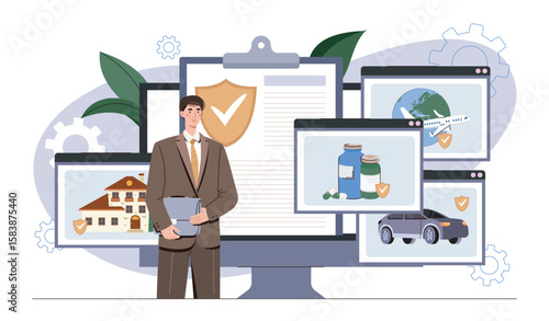 Insurance agent with protection icons. Vector illustration