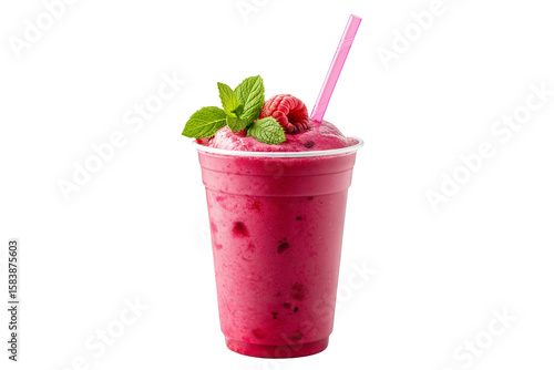 Plastic Cup Raspberry Smoothie with Mint and Straw on Transparent