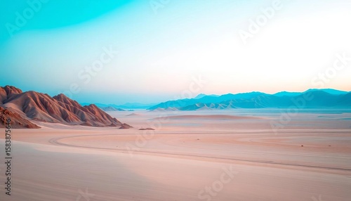 Serene pastel desert landscape with distant mountains under bright clear sky atmosphere