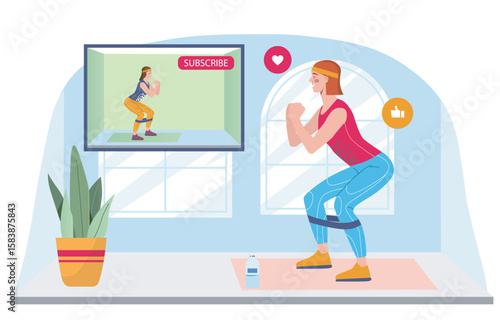 Woman doing online fitness workout at home. Vector illustration