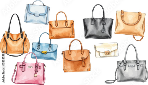 Set of handbags watercolor vector illustration.