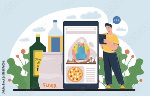 Online cooking lesson with ingredients. Vector illustration