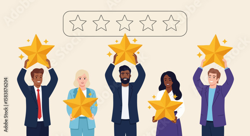 Team Celebrating Success with Gold Stars Customer Satisfaction, Evaluation, and Achievement