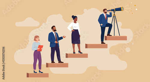 Corporate Team Ascending Steps to Success with Vision and Strategy, Showing Teamwork and Achievement