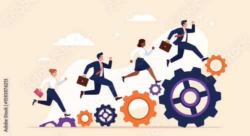 Illustration of business team climbing gears Progress towards success, teamwork, and career advancement symbolized in dynamic scene.