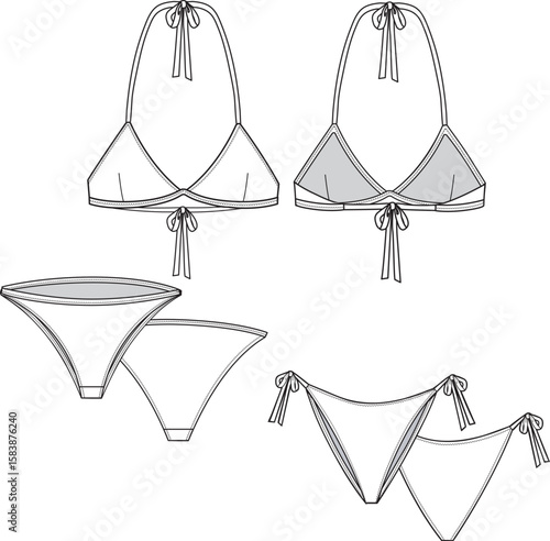 Women's Sustainable Triangle Bikini. Bikini technical fashion illustration. Flat apparel bikini template front and back. Women's CAD mock-up.