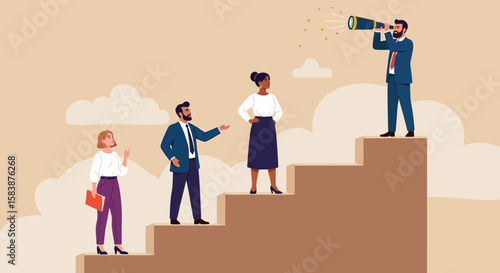 Business Growth Diverse Team Ascending Stairs with Visionary Leader Guiding the Way