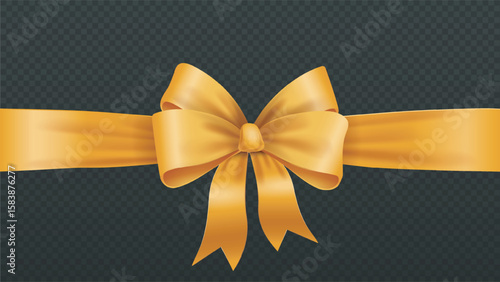 Shiny yellow bow with ribbon on dark background. Vector illustration