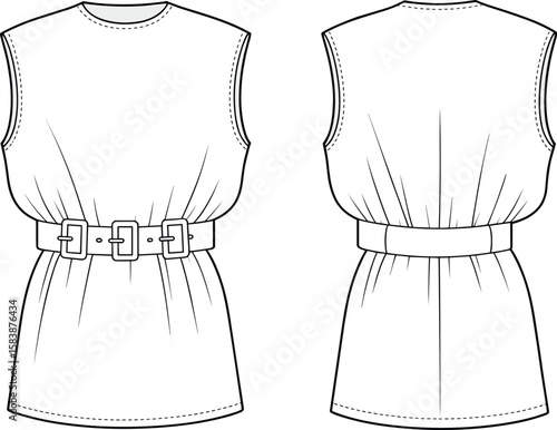 Sleeveless tunic top, belted fashion design, front back view, stylish garment sketch, clothing template, elegant silhouette, pattern illustration, fashion artwork, soft textile concept, trendy apparel