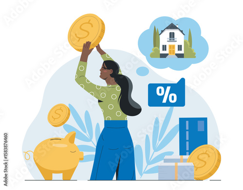 Woman saving money for house dream. Vector illustration