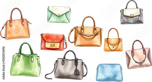 Set of handbags watercolor vector illustration.
