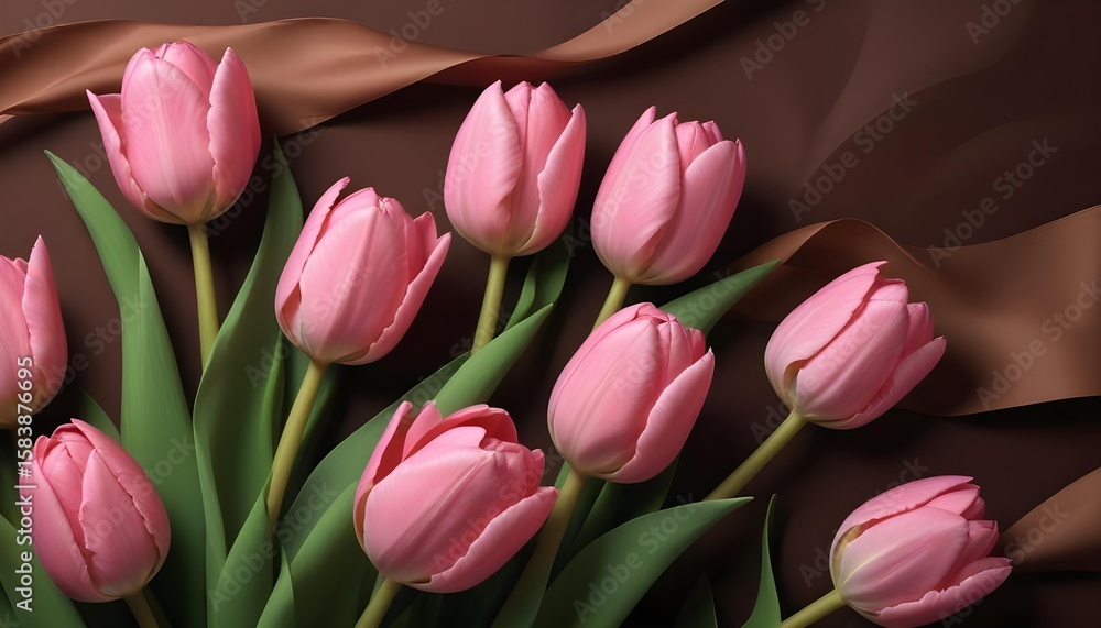 Obraz premium Pink tulips with a brown ribbon form an elegant floral bouquet.