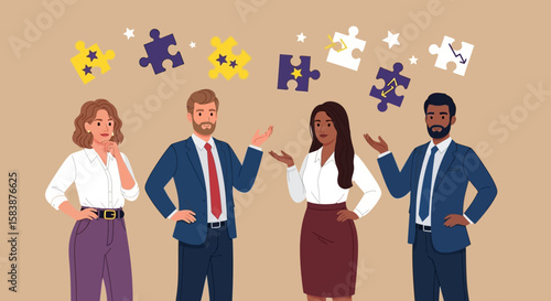 Team Collaboration Diverse people building a cohesive solution with puzzle pieces symbolizing teamwork and shared goals.