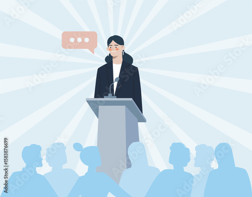 Woman speaking at podium to audience. Vector illustration