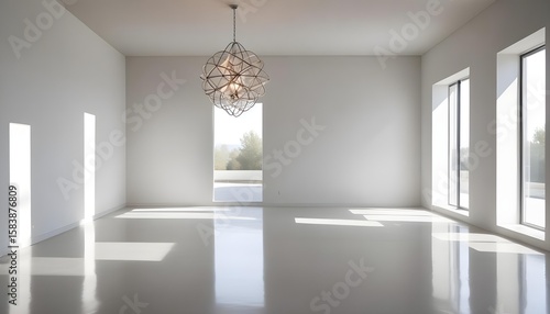 Modern minimalist interior with large windows and a unique chandelier.