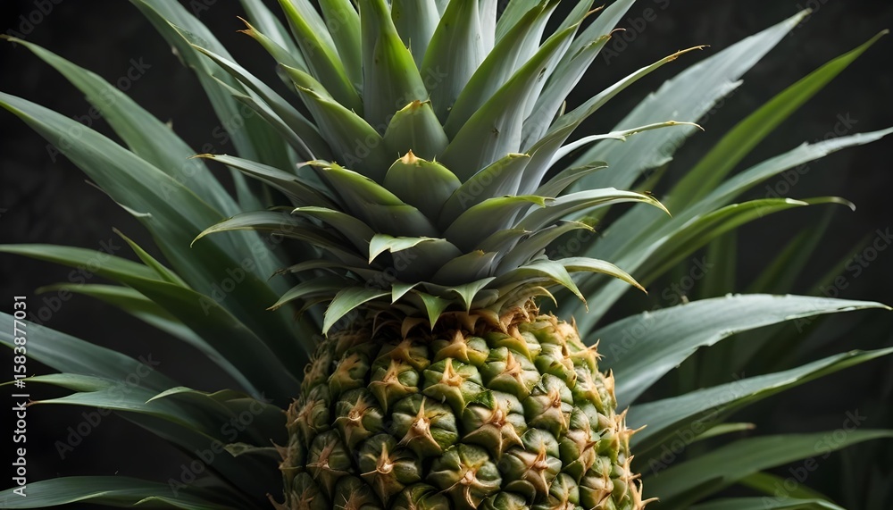 Obraz premium A striking image of a fresh, ripe pineapple with detailed texture and green leaves.