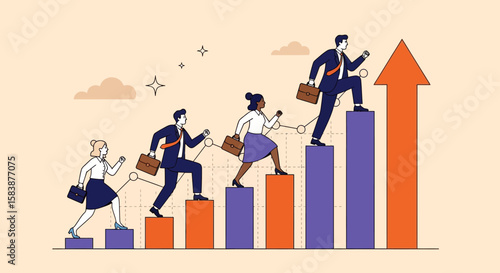 Career Ascent A diverse team's illustrated journey towards professional growth and achievement, conquering steps to success.