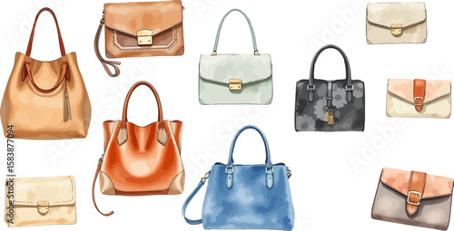 Set of handbags watercolor vector illustration.