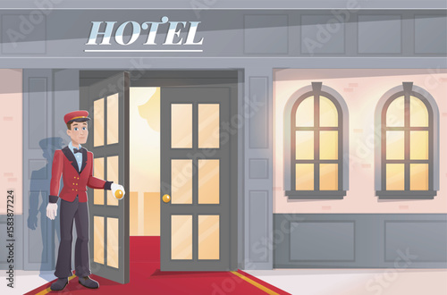Hotel entrance with doorman in uniform. Vector illustration
