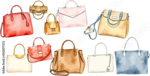 Set of handbags watercolor vector illustration.