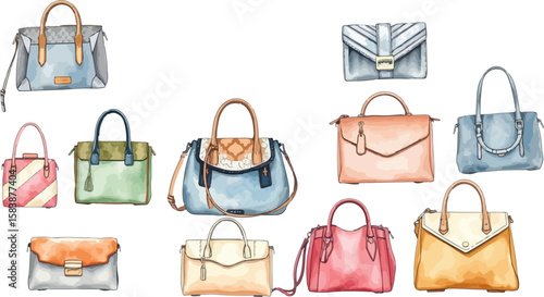 Set of handbags watercolor vector illustration.