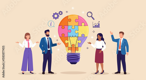 Brainstorming Creativity Team Collaboration Shaping Innovation, A Colorful Puzzle Lightbulb Concept