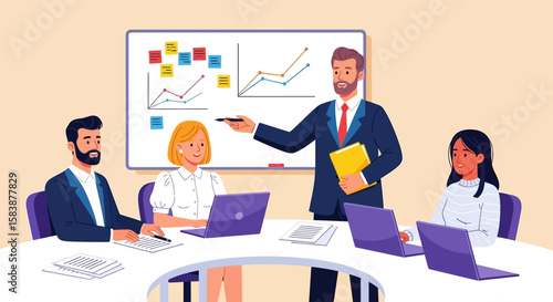 Corporate Meeting Teamwork and Strategy Session with Presentation of Business Growth