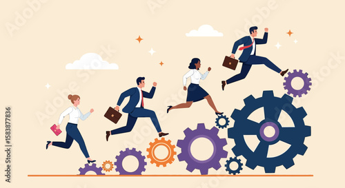 Business Team Climbing Gears Strategic Growth and Progress, Vector Illustration of Career Ascent