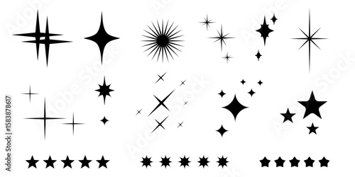 Sparkling stars icon set. Shine star silhouettes, magic spark shape, abstract glitter elements