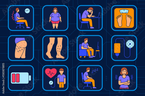 Sedentary lifestyle set icon. Poor posture, obesity, fatigue, weight scale, cellulite, varicose veins, screen sitting, blood pressure, energy drop, heartbeat, sleepy posture, numb limbs, joint pain.