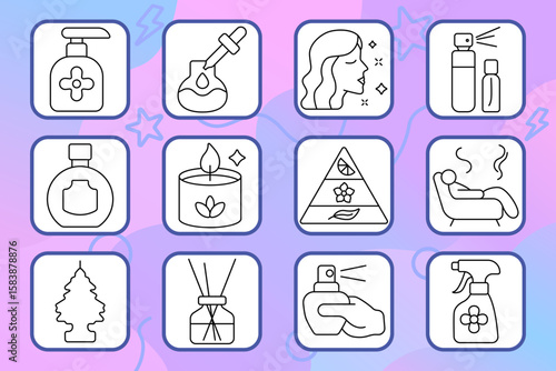 Fragrance set icon. Room spray, oil bottle, woman with scent, candle, relaxation, pyramid of notes, air freshener, diffuser, aroma.