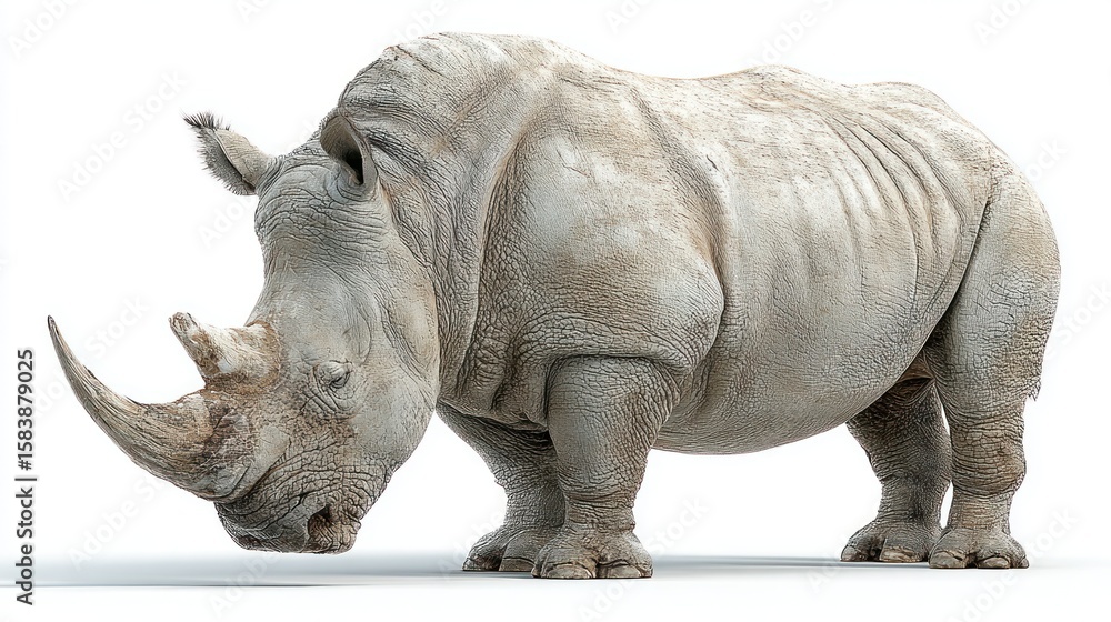 Fototapeta premium White rhinoceros, side view, against white background