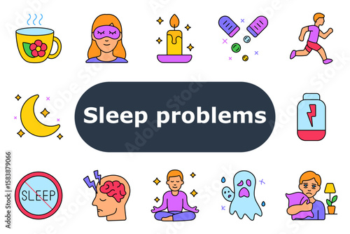 Sleep problems set icon. Herbal tea, eye mask, candle, medication, jogging, energy loss, moon, no sleep sign, brain tension, meditation, ghost fear, pillow hug, night routine, insomnia aid.