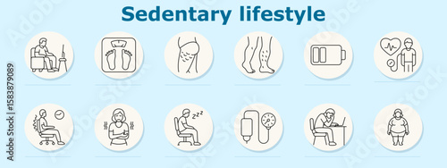 Sedentary lifestyle set icon. Shows seated person, scale, cellulite, legs, low energy, heart health, chair time, abdominal discomfort, sleep sitting, IV, pressure, obesity
