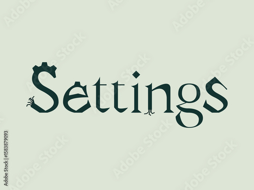 Stylized vector typography spelling settings with mechanical and creature-like elements in each letterform