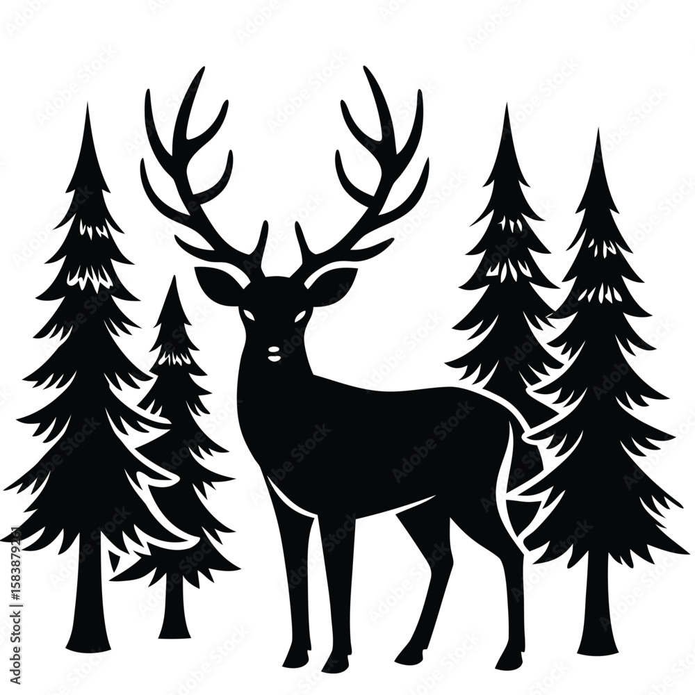 Obraz premium a deer standing quietly among stylized forest trees, with antlers raised and calm posture, minimalist vector illustration isolated on white background