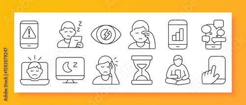 Digital fatigue and overuse set icon. Illustrates phone strain, drowsiness, visual stress, thinking difficulty, overuse timer, social media overload, eye pain, late night device use, posture fatigue