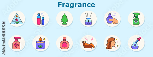 Fragrance set icon. Includes scent pyramid, atomizers, tree scent, diffuser, nose with sprayer, cleaner bottle, hand soap, candle, flask, aroma lines, face profile, essential oil dropper